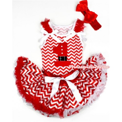 Xmas Red White Wave Baby Pettitop with 1st Santa Claus Birthday Number Print with Red Ruffles & White Bow with Red White Wave Newborn Pettiskirt BG097 